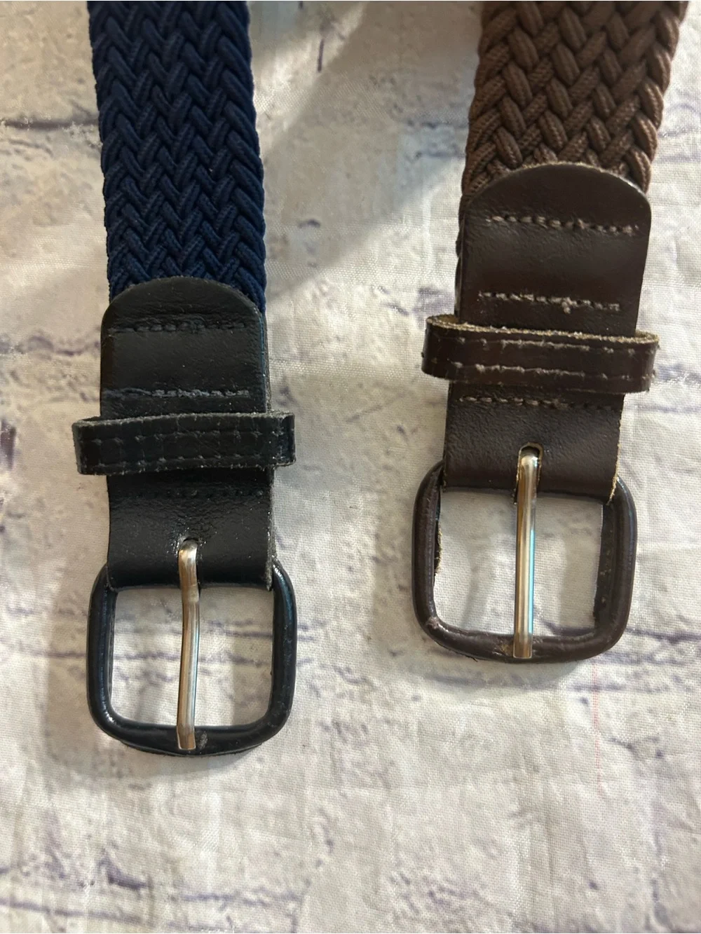 VINTAGE BROWN AND NAVY WITH LEATHER COVERED BUCKLES MEN STRETCH BELTS